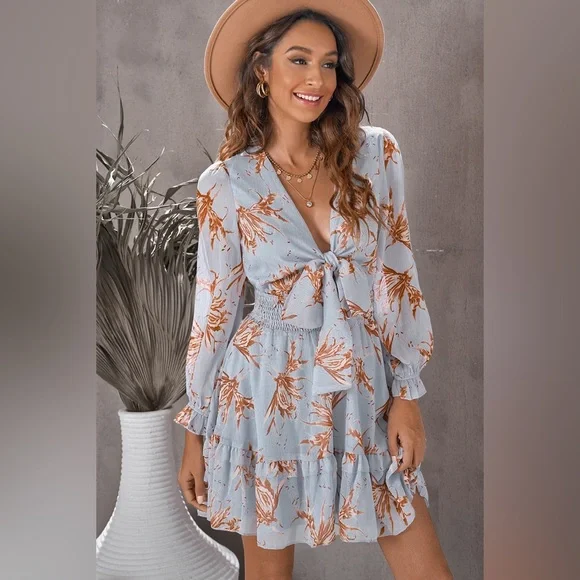 Floral Deep V Flounce Sleeve Mini Dress - Picture 6 of 11